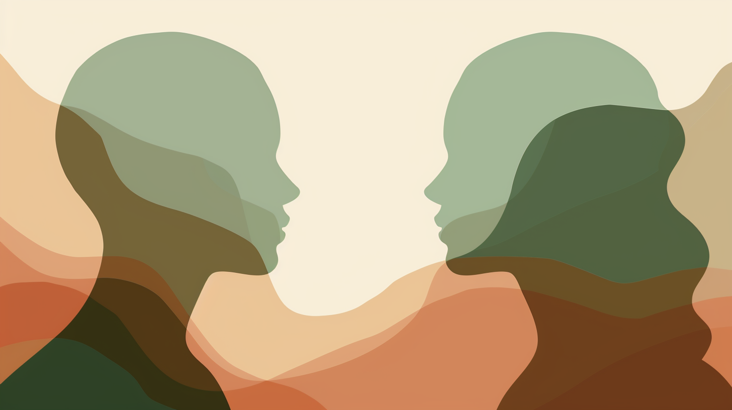 Deux silhouettes humaines abstraites se font face, séparées par un espace silencieux, symbolisant la relation thérapeutique et la qualité du contact en psychothérapie.