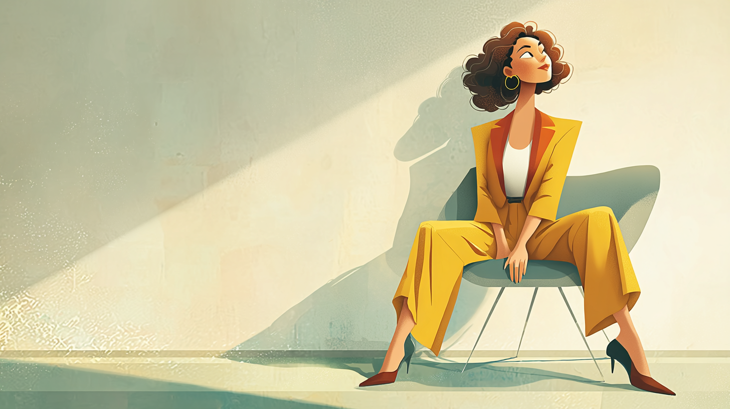 Femme manager assise, posture ancrée et stable, lumière douce, illustration représentant la légitimité professionnelle et l’estime de soi au travail.