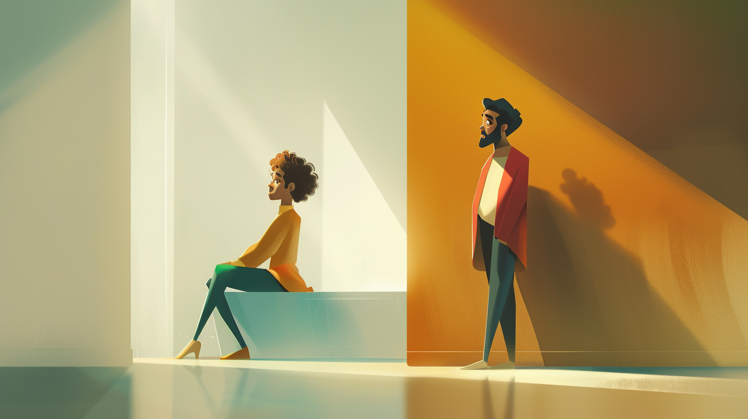 Deux personnes proches mais séparées, suggérant une tension silencieuse dans le lien.