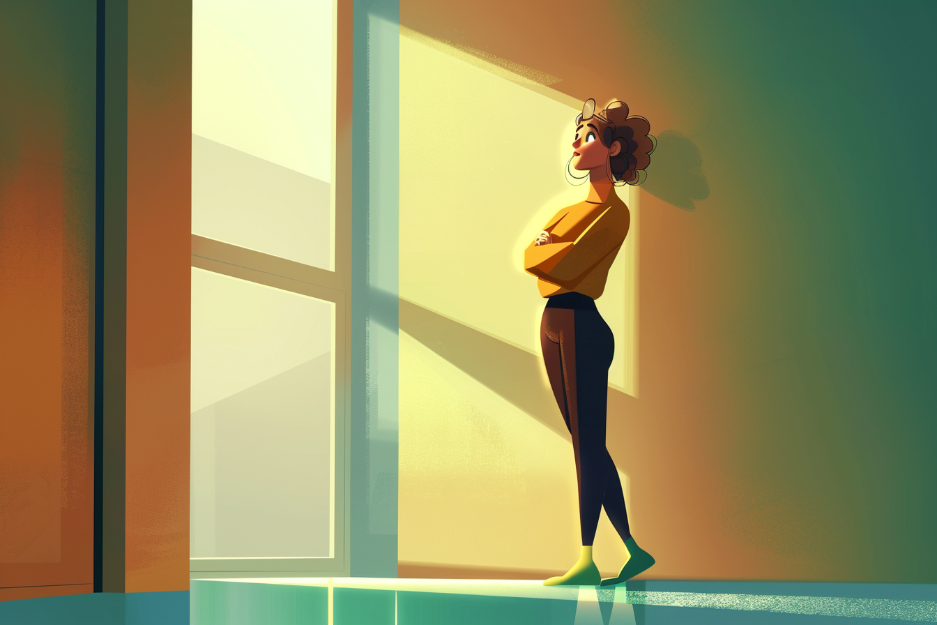 Illustration d'une femme debout près d'une fenêtre, éclairée par la lumière, évoquant une fatigue intérieure persistante malgré le repos.