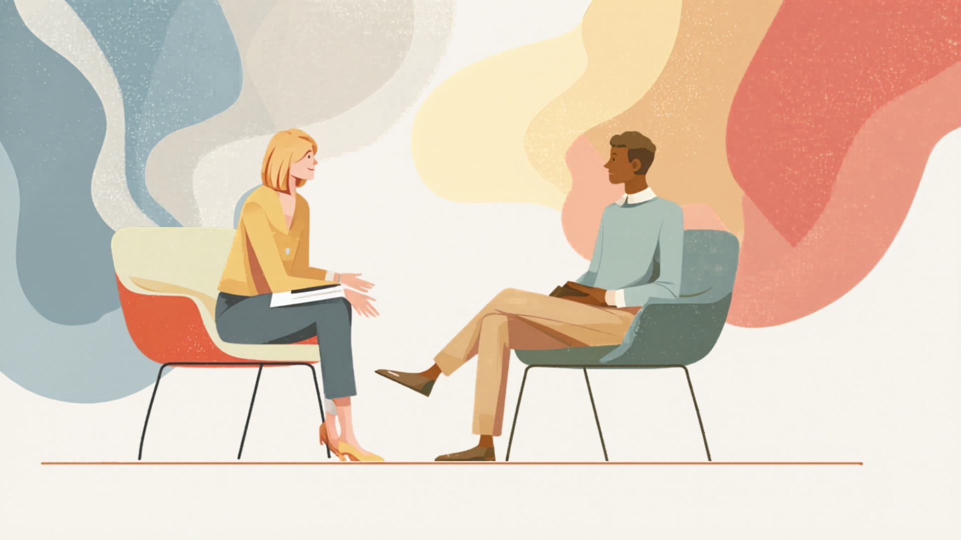 Illustration de deux personnes assises en échange dans un espace de coaching professionnel, évoquant l'alliance de travail, l'écoute et la posture relationnelle du coach.