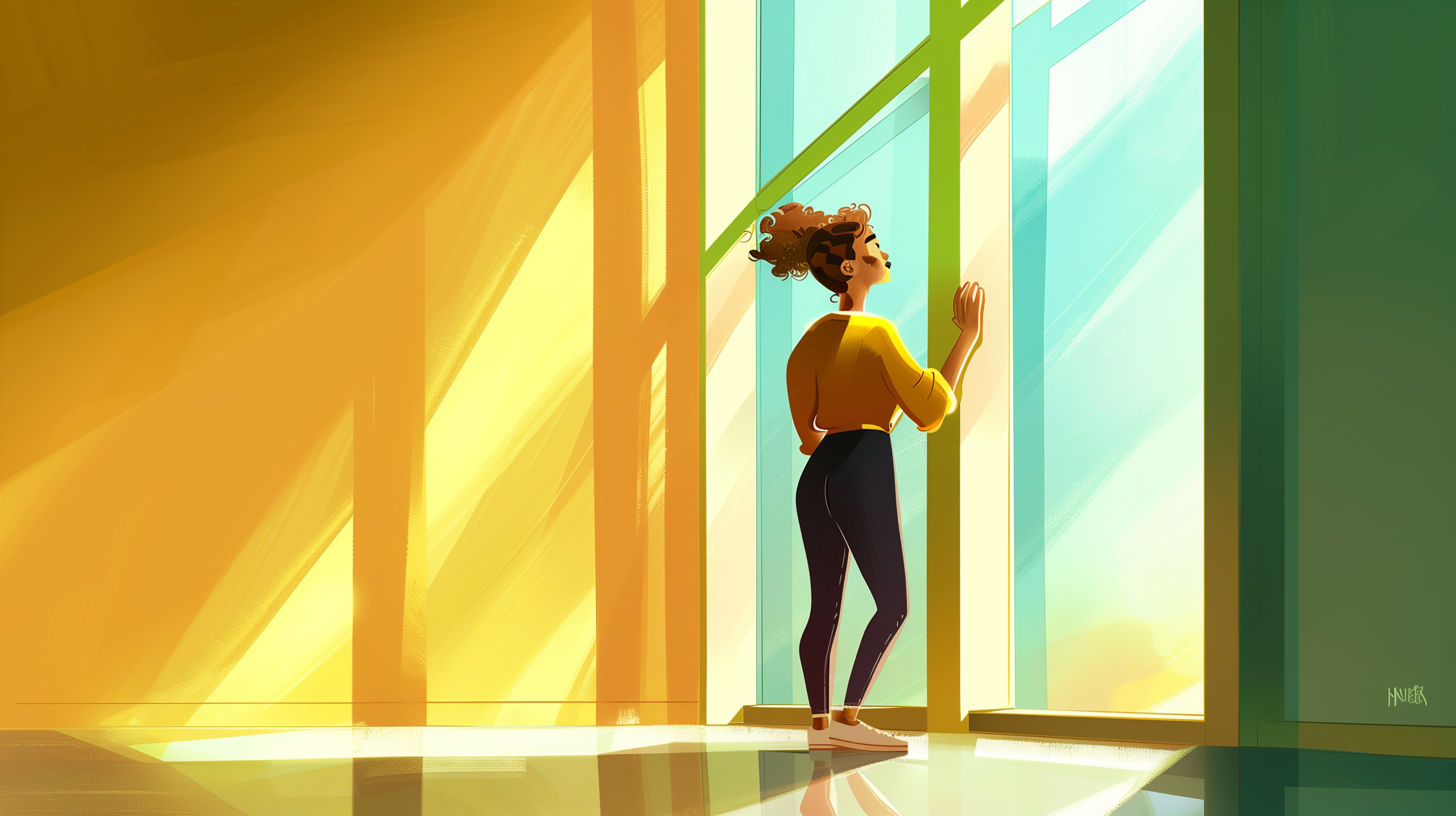 Illustration d'une femme debout face à une vitre, la main posée légèrement sur le verre, avec son reflet visible, représentant la posture juste au travail et la frontière-contact en Gestalt-thérapie