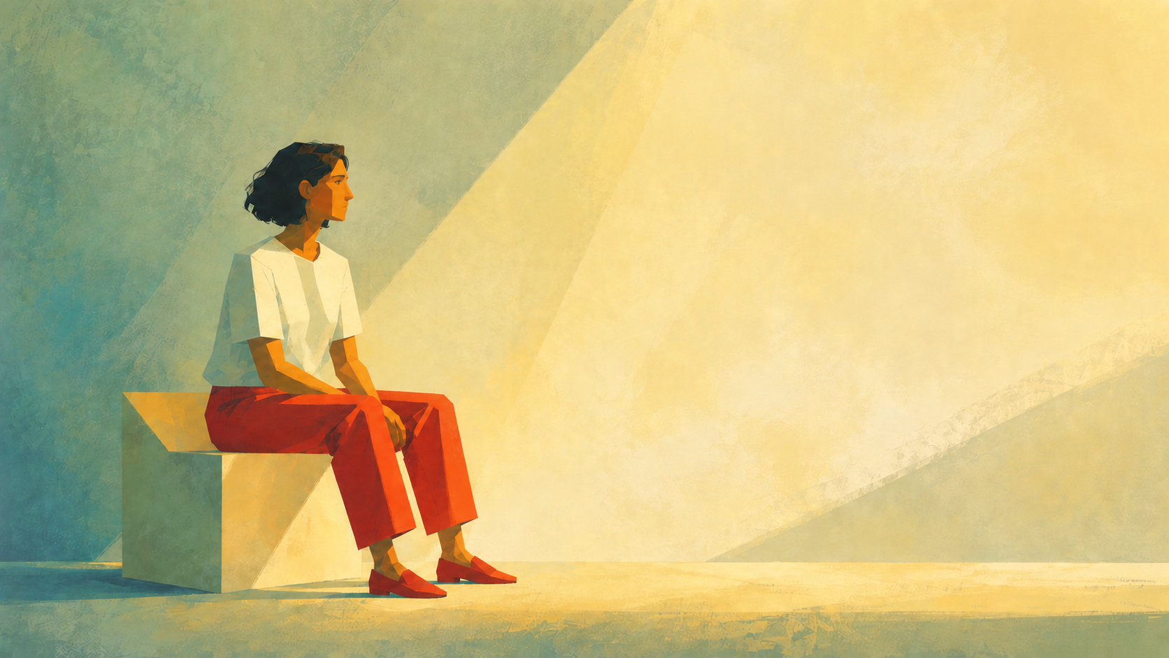 Femme assise dans un espace calme, faisant une pause pour laisser sa décision se clarifier.