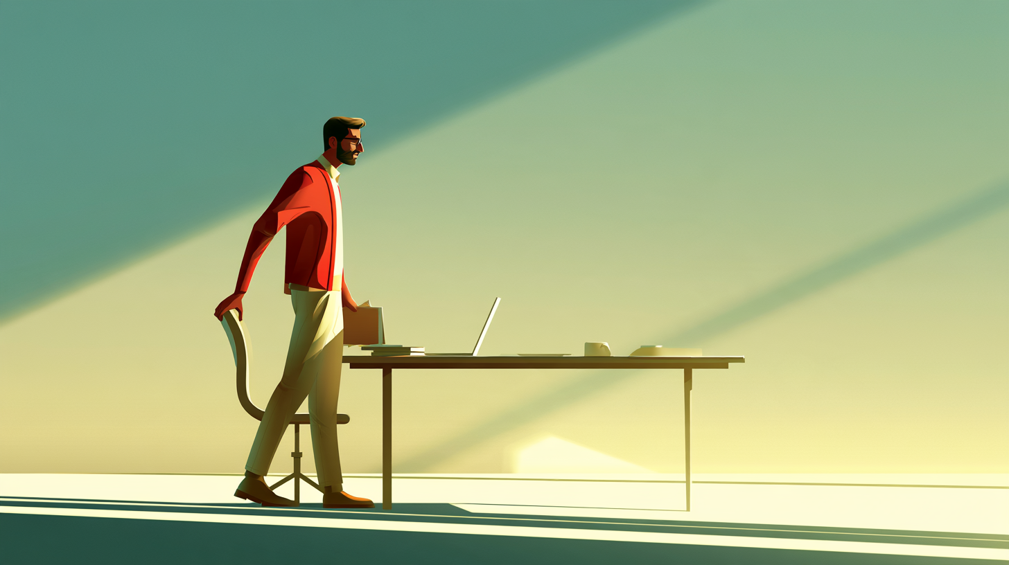 Illustration d'un homme avançant vers son bureau, un dossier à la main, devant un ordinateur portable, dans un espace professionnel baigné de lumière.