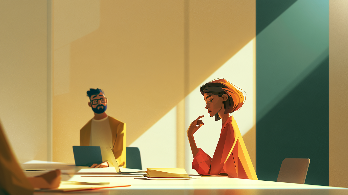 Illustration sur la santé mentale au travail : une femme à l'air pensif, assise à une table partagée avec des collègues.